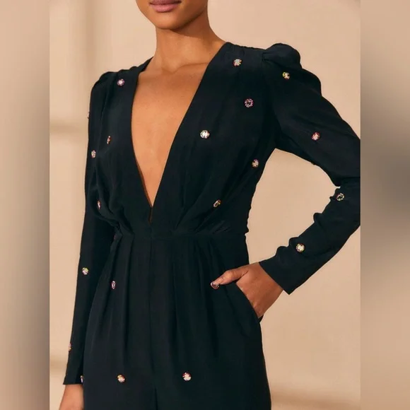 NWT Farm Rio Black Jumpsuit Mirror Embroidered Beaded Details Long Sleeve Large